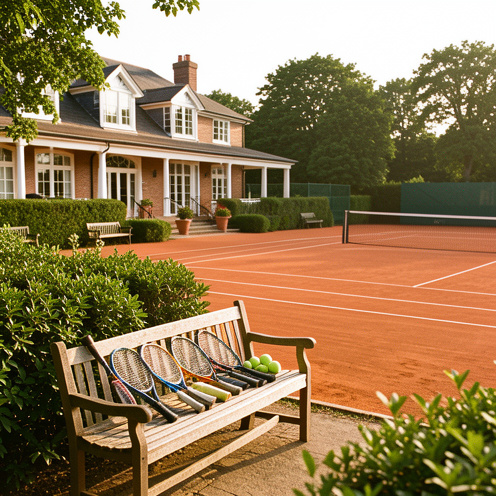 Club de tennis élégant avec courts en terre battue, raquettes et balles soigneusement disposées sur un banc en bois.