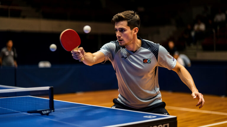 Joueur de tennis de table concentré réalisant un service puissant avec une balle en rotation au-dessus de la table.