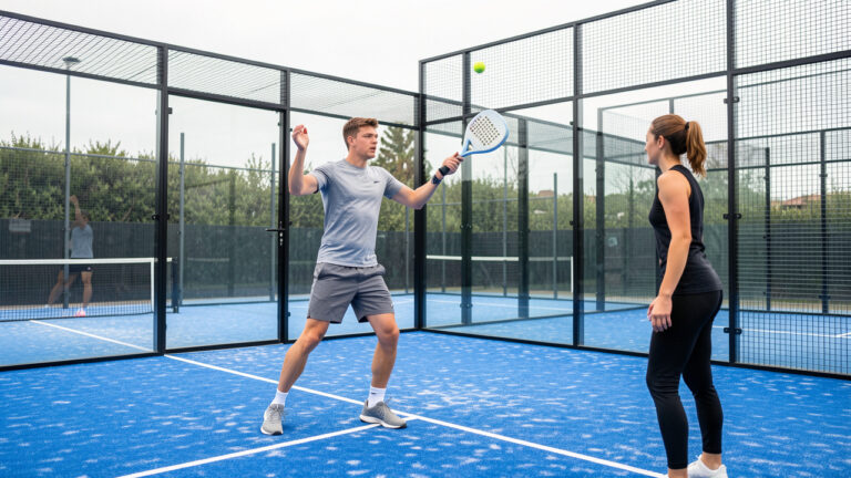 Un jeune homme apprend à réaliser correctement un service de padel sur un court, observé par une entraîneuse.