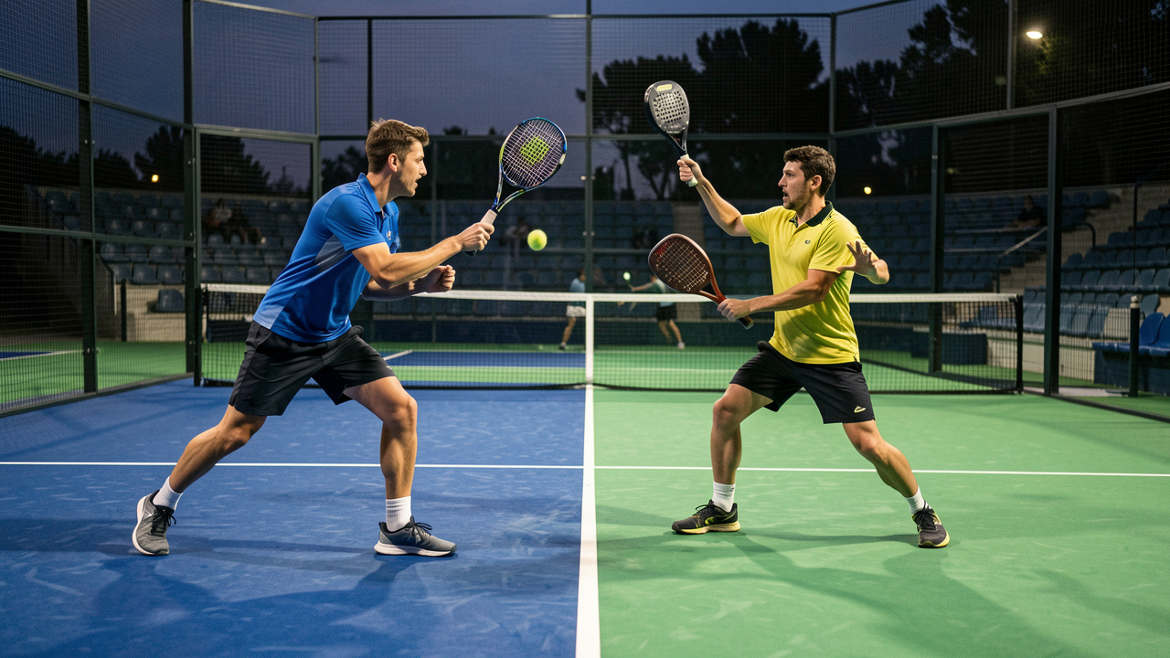 Deux sportifs masculins, l’un joueur de tennis et l’autre joueur de padel, observent leur jeu de jambes et s’entraînent sur des courts voisins éclairés en soirée.