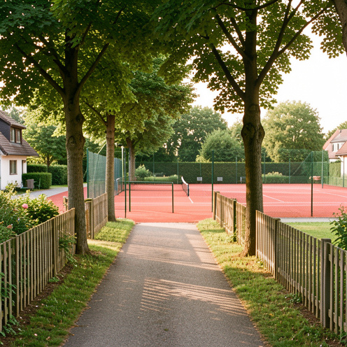 Chemin arboré menant à des courts de tennis extérieurs bien entretenus dans le quartier de Bonn-Pützchen.