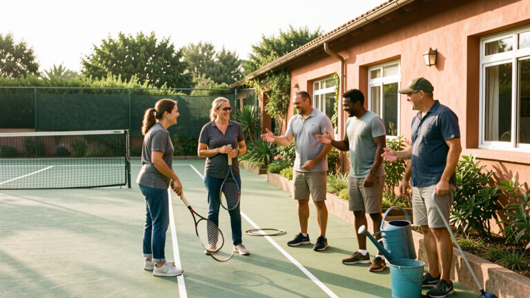 Des bénévoles préparent ensemble un court de tennis extérieur dans une atmosphère conviviale.