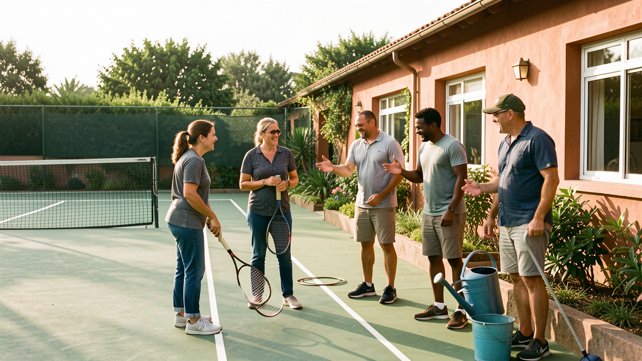 Des bénévoles préparent ensemble un court de tennis extérieur dans une atmosphère conviviale.