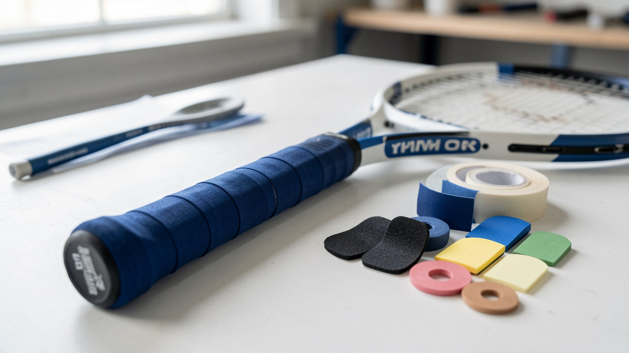 Manche de raquette de tennis en cours de remplacement avec un surgrip neuf, une bande de base et plusieurs epaisseurs de grip