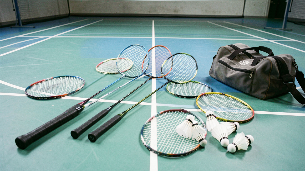 Plusieurs raquettes de badminton de styles variés disposées sur un terrain intérieur avec des volants, illustrant le choix d’un modèle adapté au niveau de jeu.