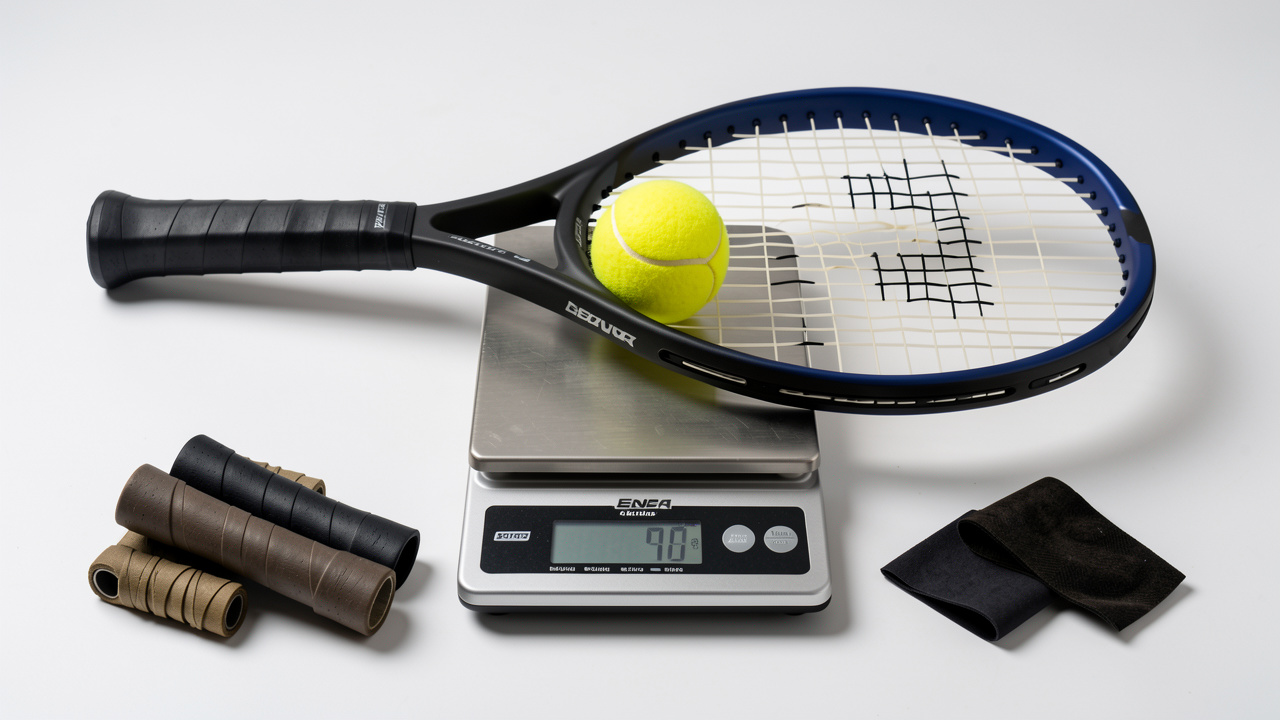 Raquette de squash noire et bleue équilibrée sur une balance de précision, entourée de cordages et d’accessoires sportifs.