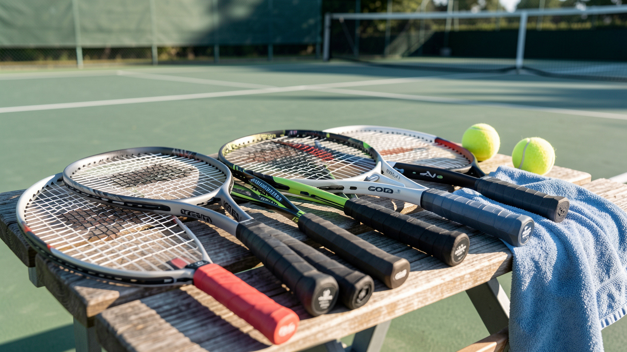 Plusieurs raquettes de tennis modernes aux formes et cordages variés sont disposées sur un banc au bord d’un court ensoleillé, avec des balles et une serviette de sport.