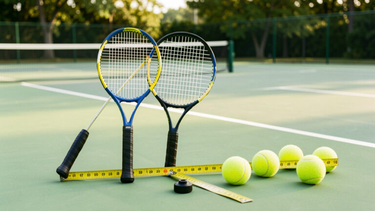 Trois raquettes de tennis pour enfants de tailles différentes, disposées avec un mètre ruban, un guide de prise en main et des balles jaunes sur un court extérieur.