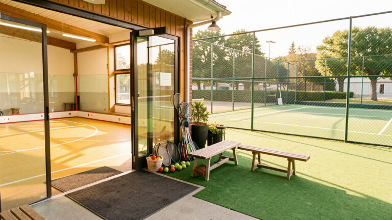 Installations accueillantes d’un club de squash et de tennis avec raquettes, balles et courts prêts pour les débutants