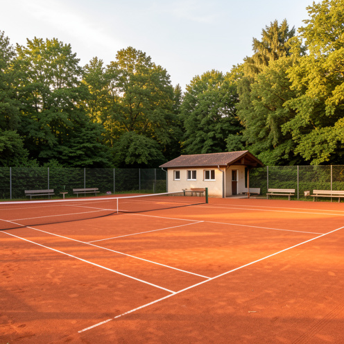 Club de tennis paisible à Bonn-Pützchen avec courts en terre battue, clubhouse et végétation verdoyante.