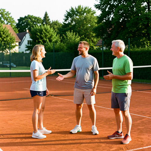 Membres d’un club de tennis se retrouvent avec convivialité près d’un court en terre battue dans un cadre verdoyant.