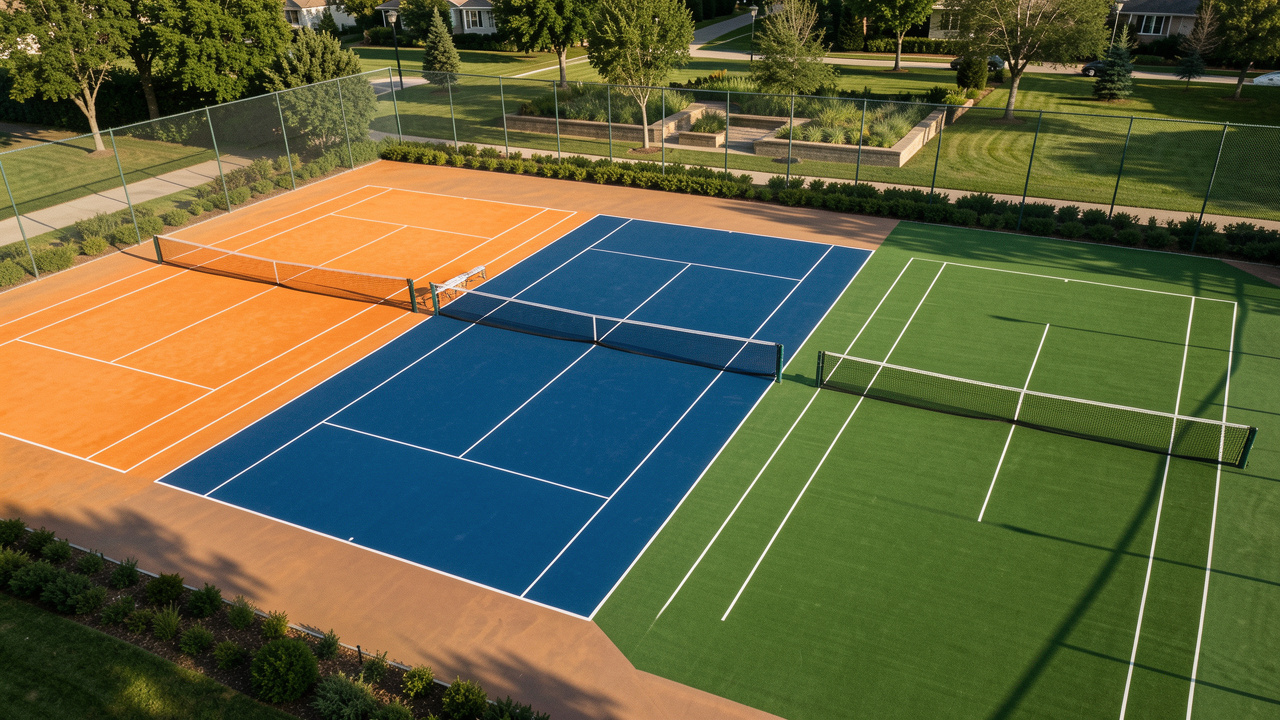 Vue comparative de trois courts de tennis avec revêtement en terre battue orange, surface dure bleue et gazon synthétique vert.