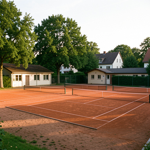 Vue d’une installation de tennis extérieure bien entretenue à Bonn-Pützchen, avec des courts en terre battue entourés d’arbres et de verdure.