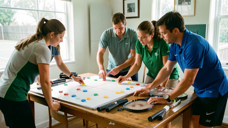 Équipe mixte de tennis organisant sa composition autour d’un tableau de terrain vierge avant un match