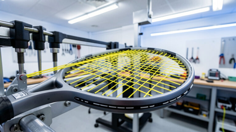 Raquette de tennis fixée sur une machine professionnelle, avec des cordes tendues et alignées avec précision dans un atelier sportif.