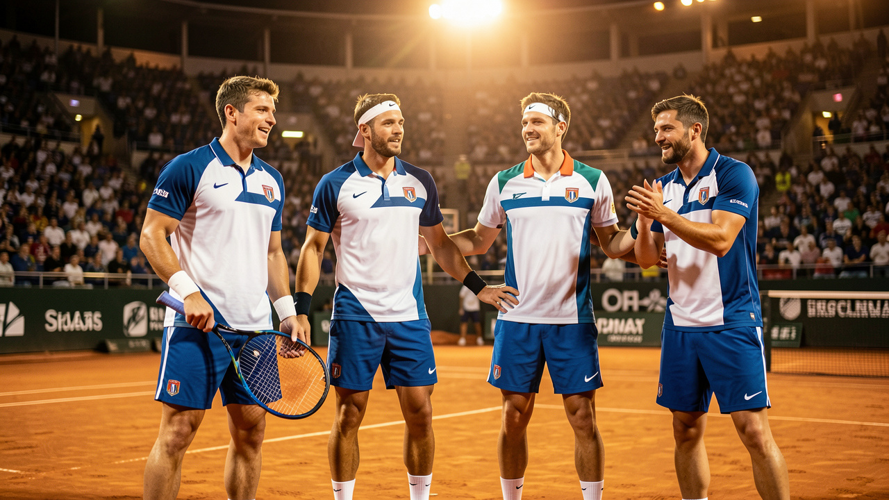 Quatre joueurs de tennis posent ensemble au bord d’un court après un match par équipes, dans un stade éclairé en soirée.