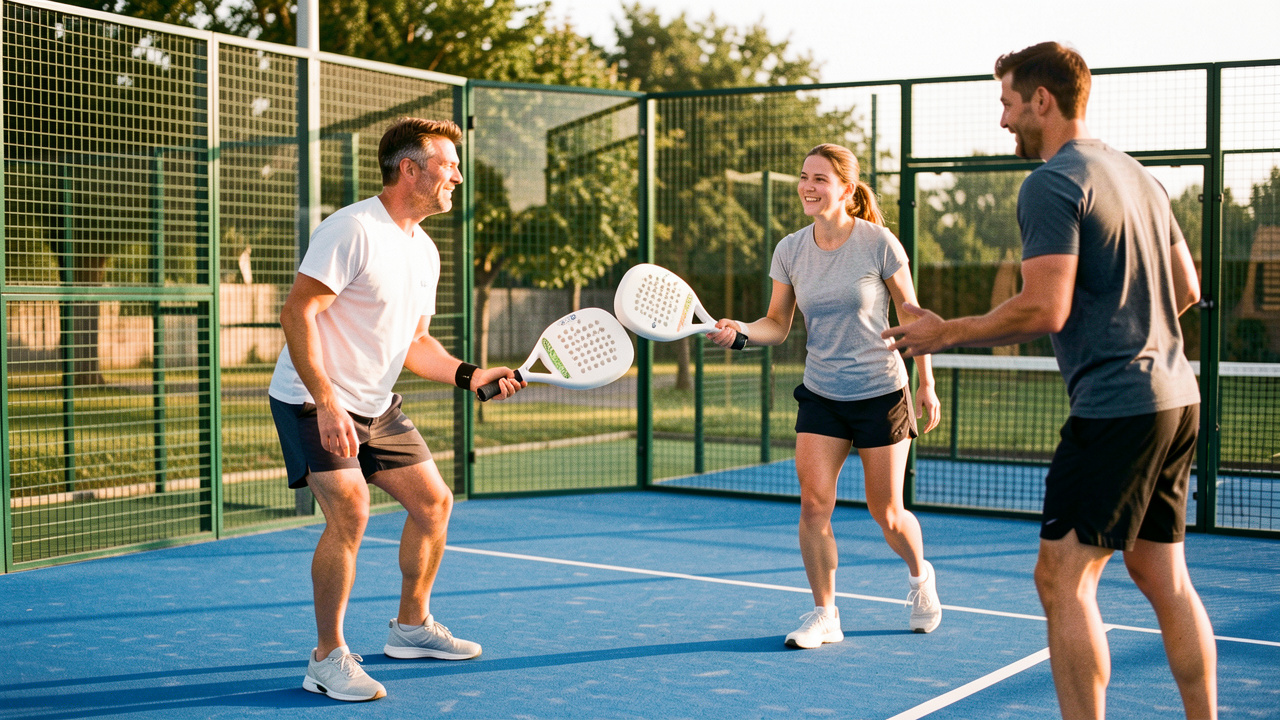 Deux débutants, un homme et une femme, s’entraînent au padel sur un court extérieur avec l’aide d’un coach.