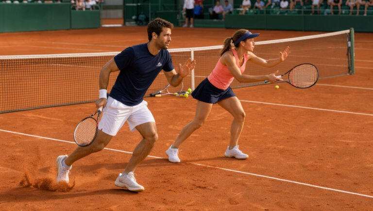 Un homme et une femme jouent en double au tennis sur un court en terre battue, coordonnant leurs déplacements et leur communication.
