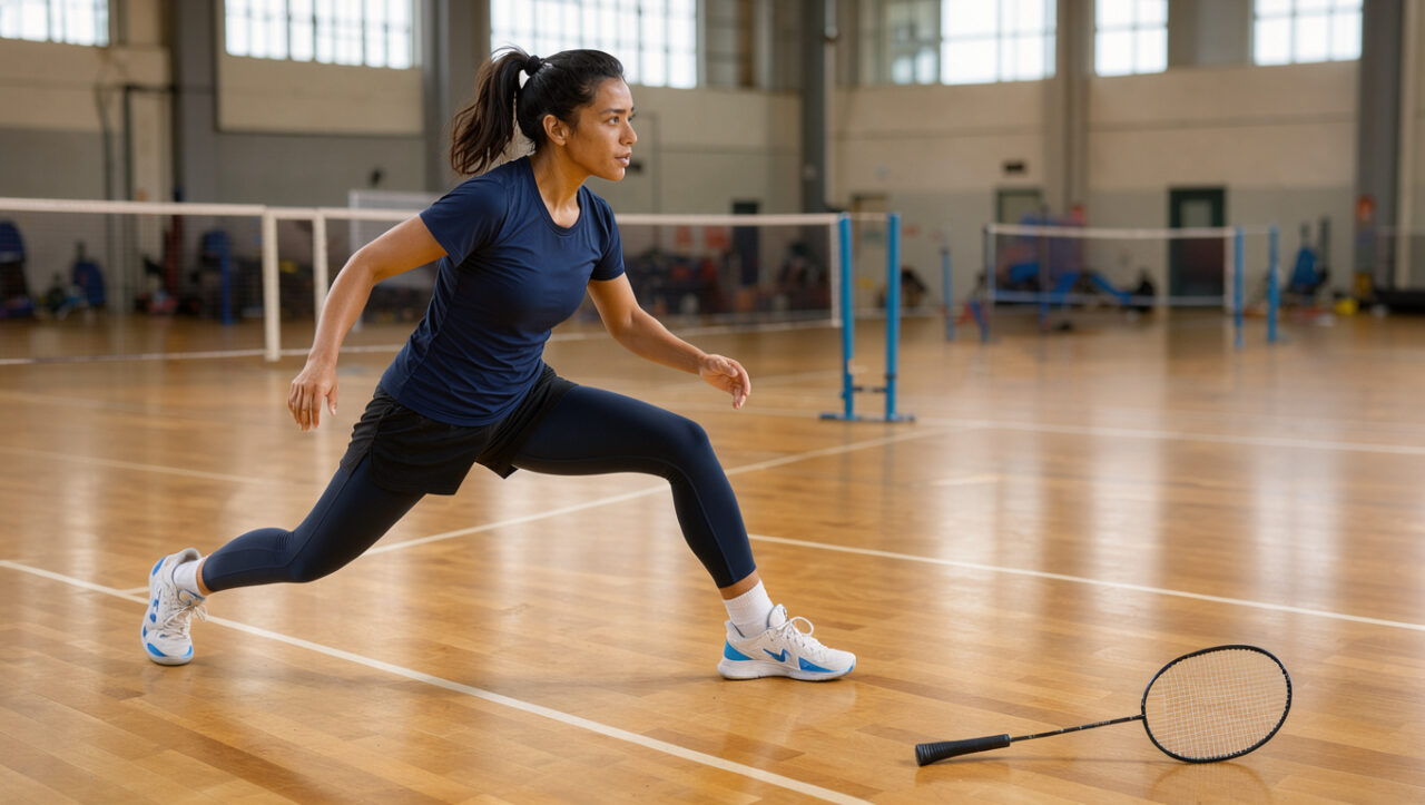 Joueuse de badminton effectuant des fentes laterales dynamiques pour s echauffer sur un court interieur