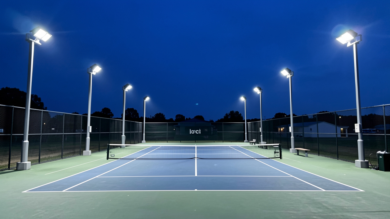 Court de tennis extérieur éclairé par des projecteurs LED modernes au crépuscule.