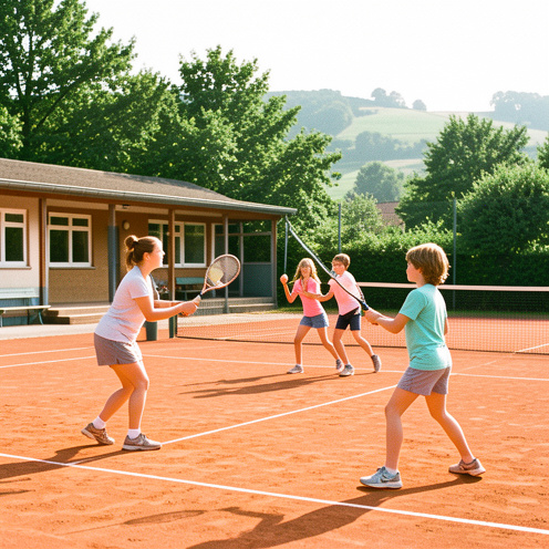 Une entraîneuse de tennis encadre quatre enfants sur des courts extérieurs en terre battue dans un environnement verdoyant à Bonn-Pützchen.