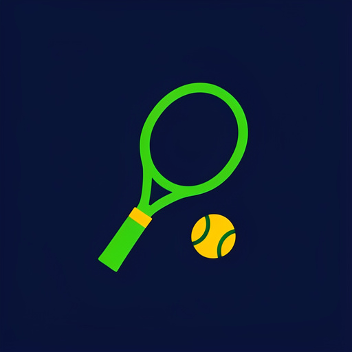 Emblème minimaliste représentant une raquette de tennis stylisée et une balle sur un fond bleu marine uni.