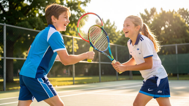 Un garçon et une fille s’entraînent joyeusement au tennis sur un court extérieur, raquettes colorées à la main.