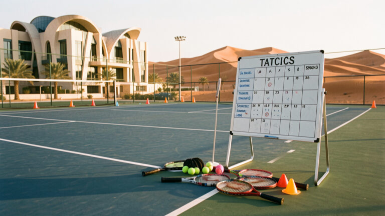 Équipement d’entraînement de tennis disposé près d’un court extérieur, avec une architecture moderne et des dunes désertiques en arrière-plan.