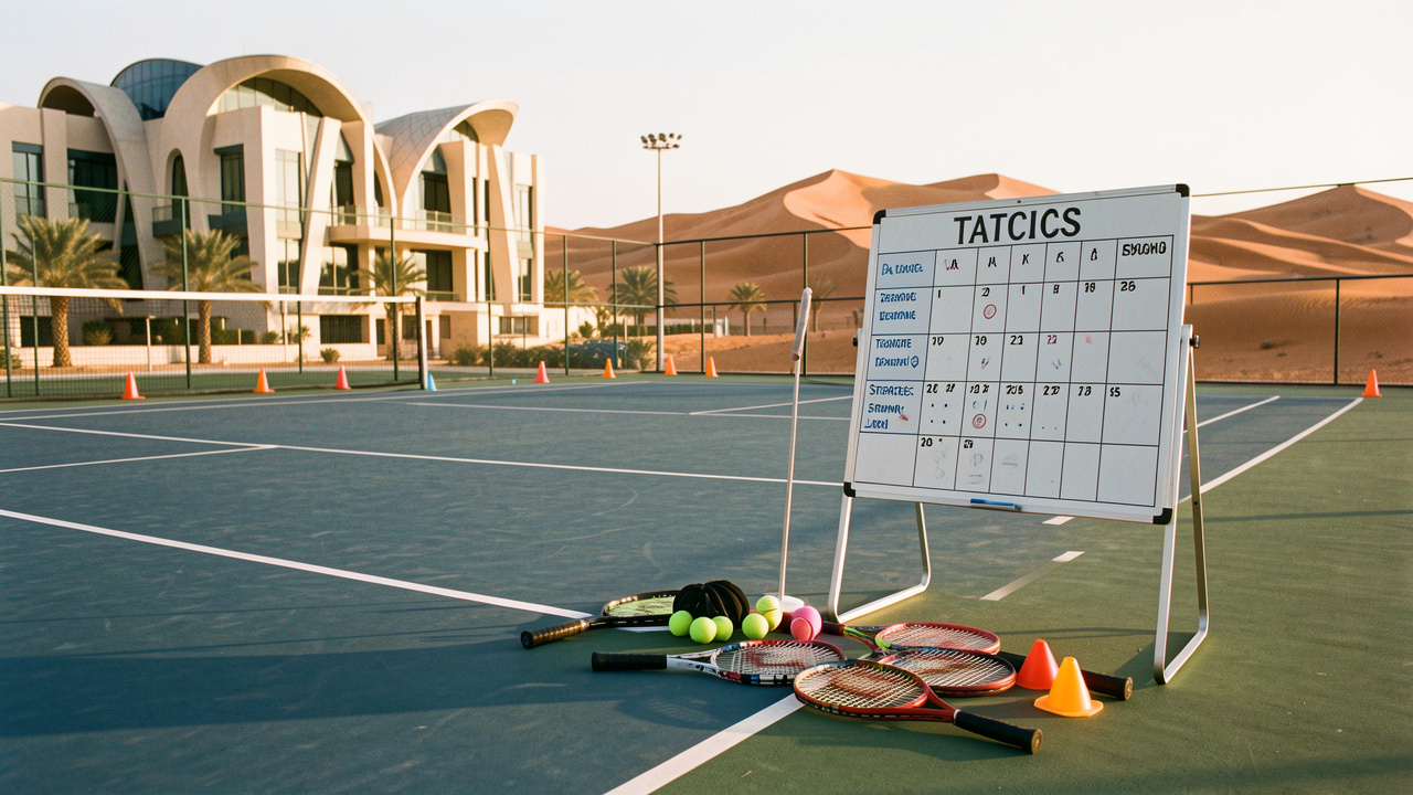 Équipement d’entraînement de tennis disposé près d’un court extérieur, avec une architecture moderne et des dunes désertiques en arrière-plan.