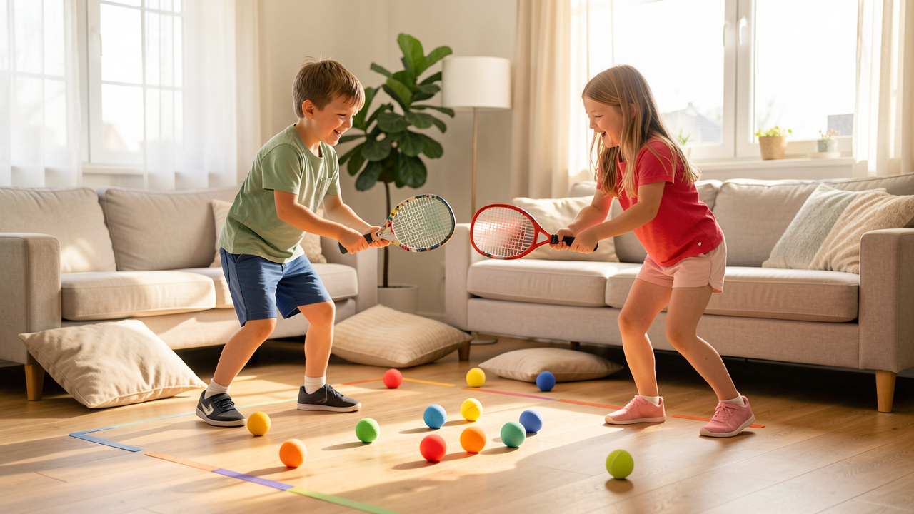Un garçon et une fille s'entraînent au tennis à la maison avec des raquettes et des balles en mousse colorées.