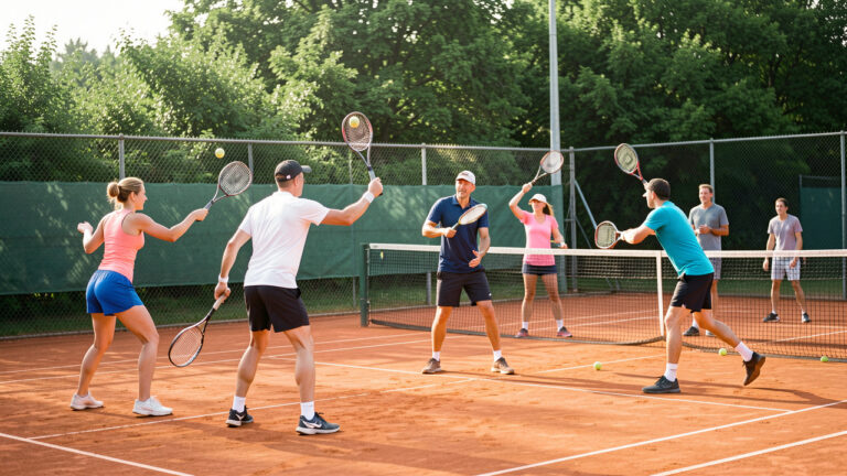 Groupe mixte de joueurs de tennis débutants et confirmés s’entraînant ensemble sur des courts en terre battue sous la supervision d’un entraîneur.
