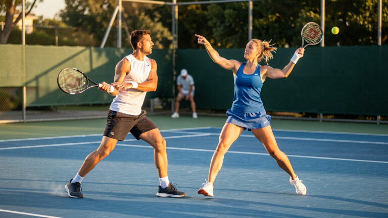 Un joueur et une joueuse de tennis s’entraînent intensément sur un court dur bleu, sous la lumière chaude de l’après-midi.