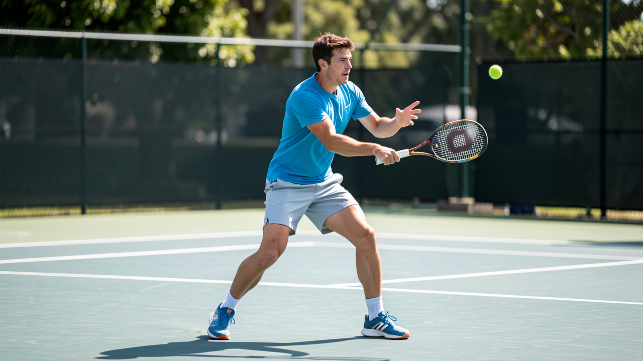 Un jeune homme s’entraîne à retourner un service puissant sur un court de tennis extérieur.