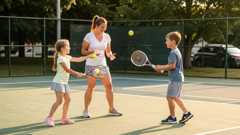 Une entraîneuse de tennis accompagne une fille et un garçon pendant une séance d’initiation sur un court extérieur.