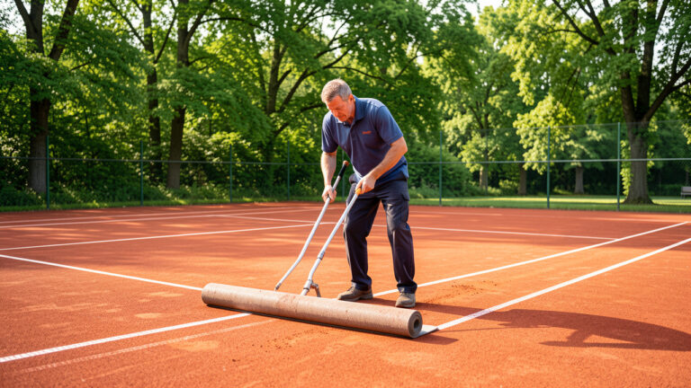 Un homme entretient et égalise un court de tennis en terre battue au printemps dans un cadre verdoyant.