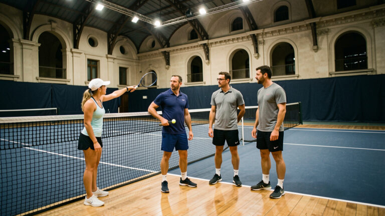 Une équipe mixte de joueuses et joueurs de tennis échange au bord d’un court couvert à Vienne.