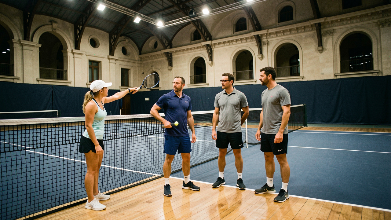 Une équipe mixte de joueuses et joueurs de tennis échange au bord d’un court couvert à Vienne.