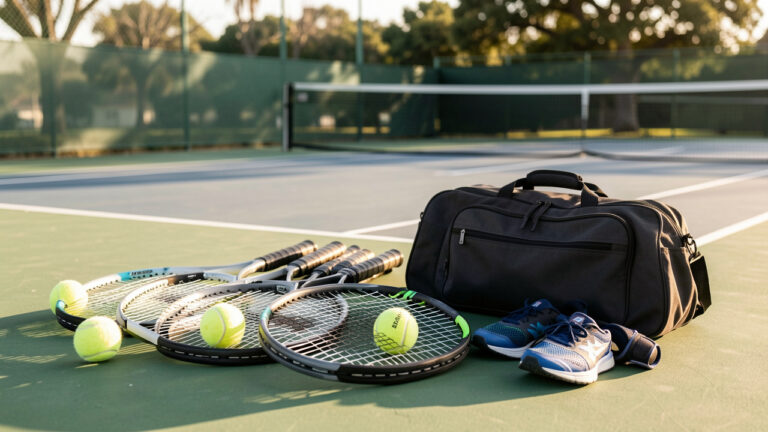 Équipement de tennis et de sports de raquette disposé près d’un court extérieur, avec raquettes, balles, chaussures et sac de sport.