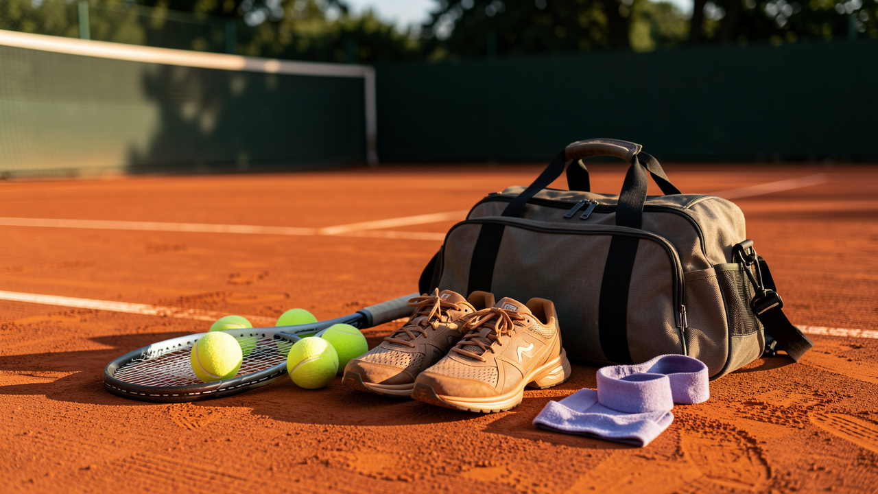 Équipement de tennis professionnel disposé au bord d’un court en terre battue, avec raquette, balles, chaussures et sac de sport.