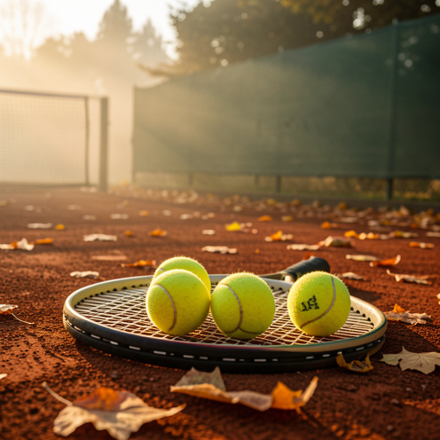 Raquette de tennis et balles jaunes posées au bord d’un court en terre battue couvert de feuilles d’automne, dans la lumière dorée de la fin de saison.