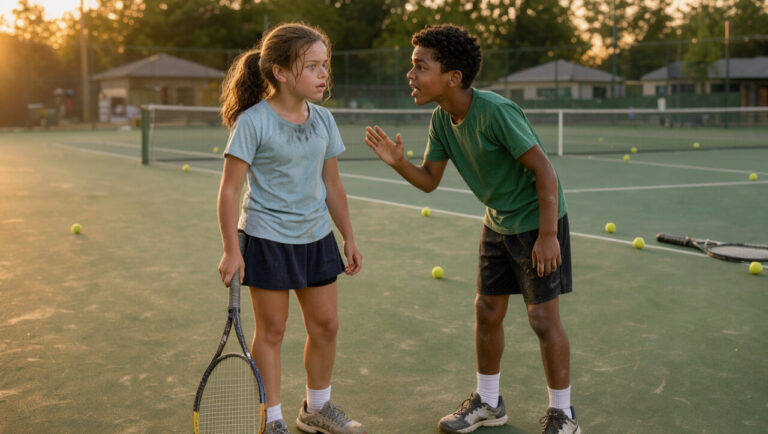 Une jeune joueuse de tennis respire calmement près du court tandis qu’un jeune coéquipier l’encourage après un match difficile, dans une atmosphère chaleureuse et positive.