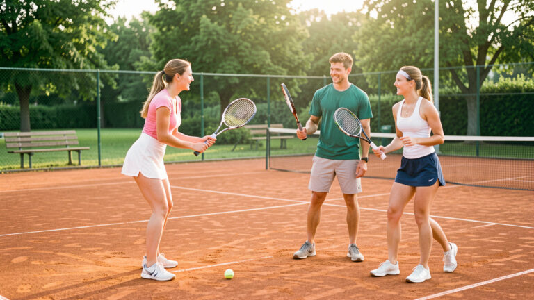 Une entraîneuse de tennis accueille un jeune homme et une jeune femme pour leur première séance d’initiation sur un court extérieur.