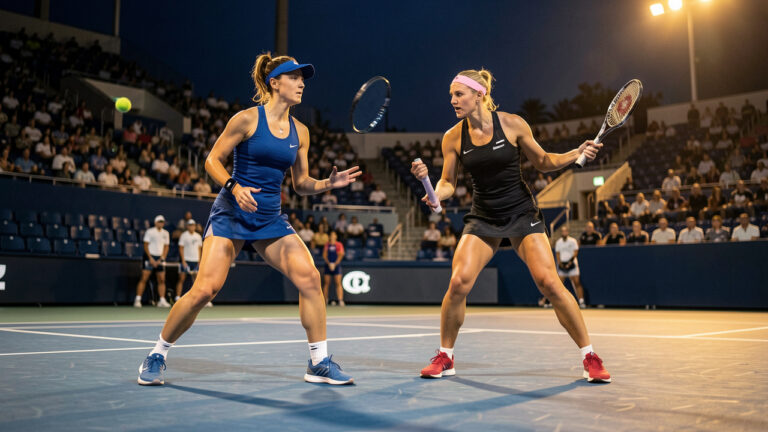 Deux joueuses de tennis amateurs s’entraînent sur un court éclairé, en travaillant leur placement et leur stratégie.