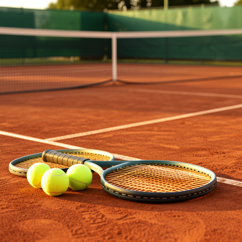 Raquettes de tennis et balles jaunes posées près d’un court en terre battue baigné par la lumière matinale.