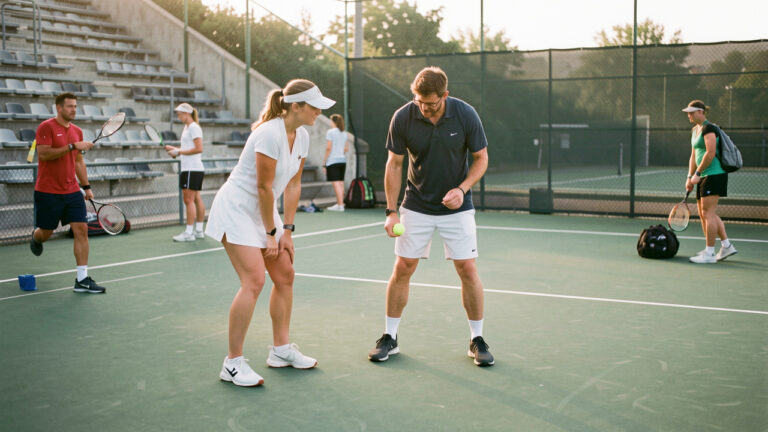 Équipe mixte de tennis se préparant sur un court extérieur inconnu avant un match à l’extérieur.