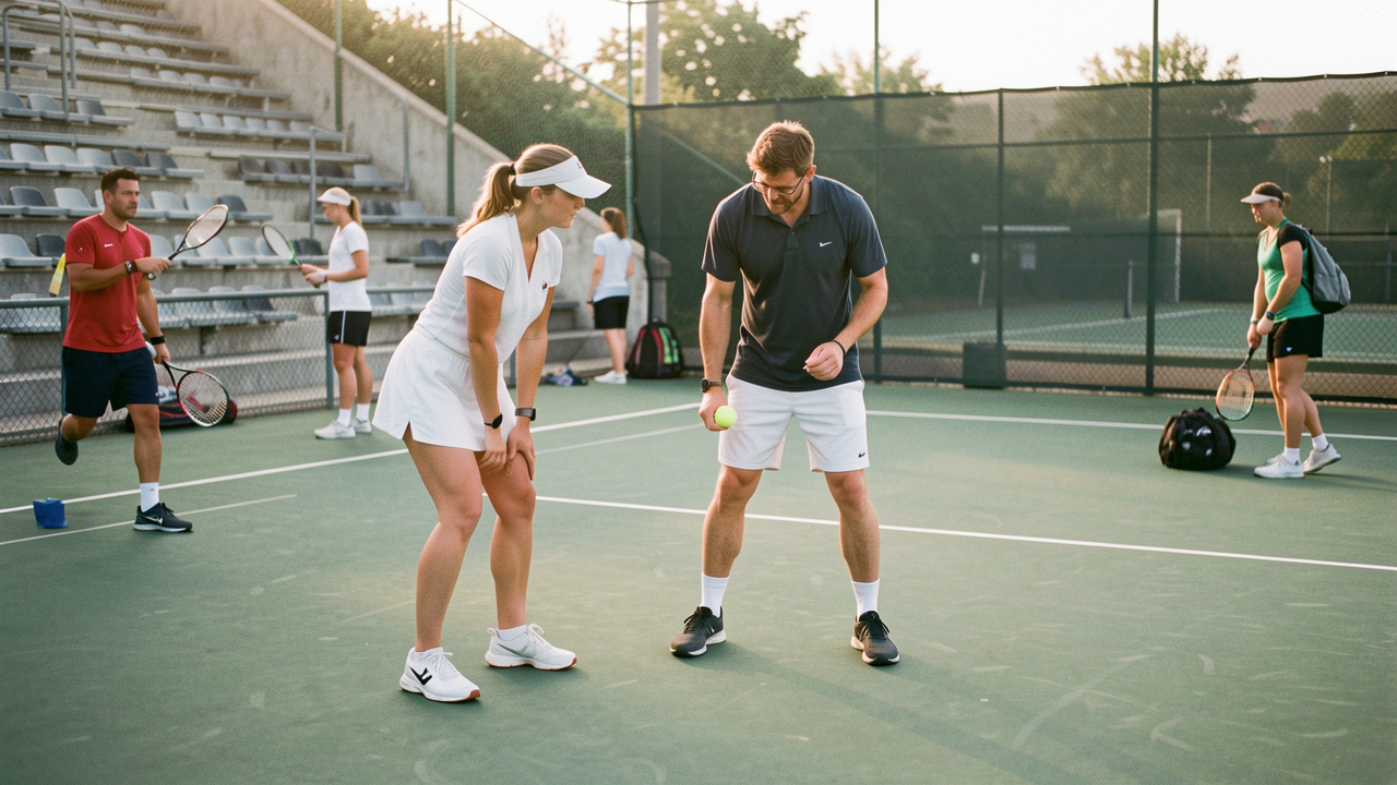 Équipe mixte de tennis se préparant sur un court extérieur inconnu avant un match à l’extérieur.