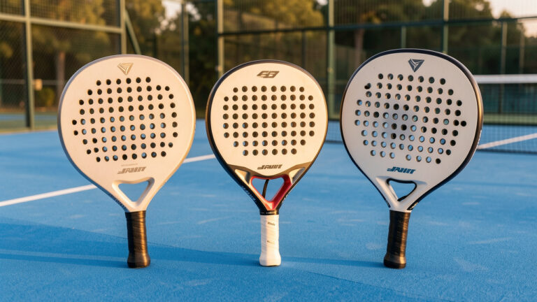 Trois raquettes de padel pour débutants présentant différentes formes, équilibres et duretés, disposées sur un court bleu.