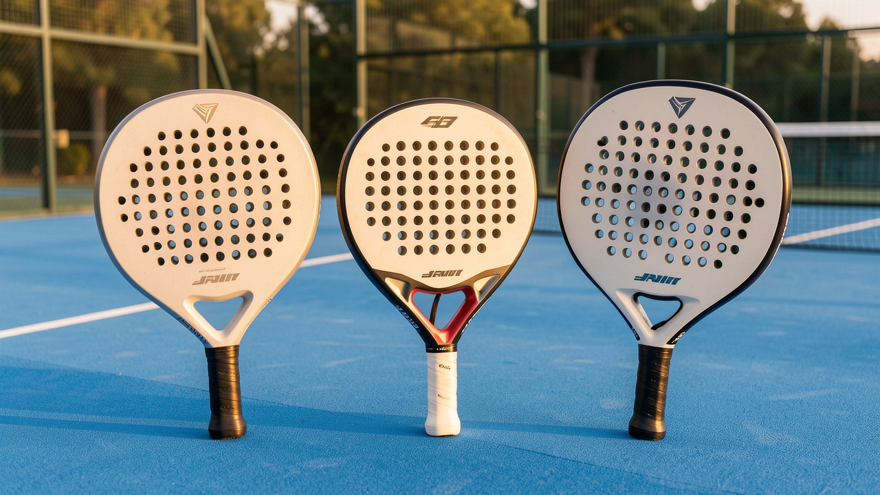Trois raquettes de padel pour débutants présentant différentes formes, équilibres et duretés, disposées sur un court bleu.