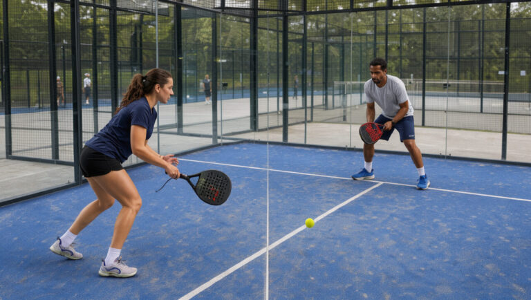 Une femme et un homme apprennent les bases du padel sur un court vitré, avec raquettes, balle jaune et surface bleue.