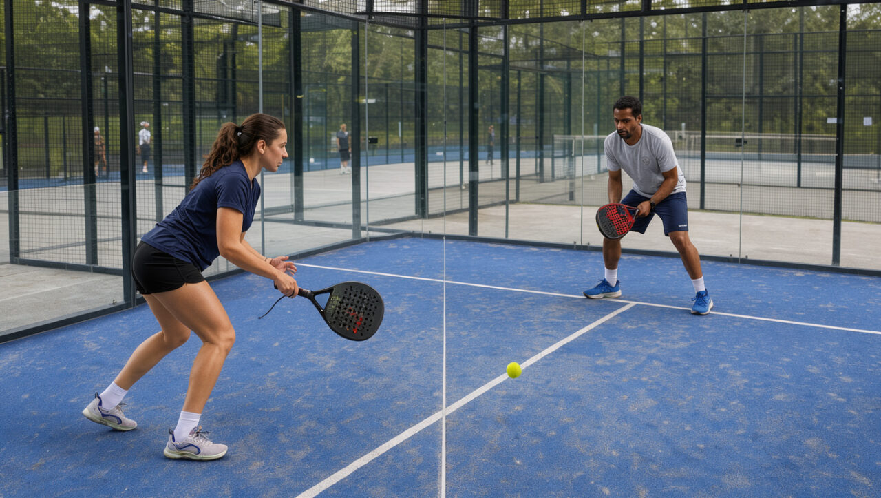 Une femme et un homme apprennent les bases du padel sur un court vitré, avec raquettes, balle jaune et surface bleue.